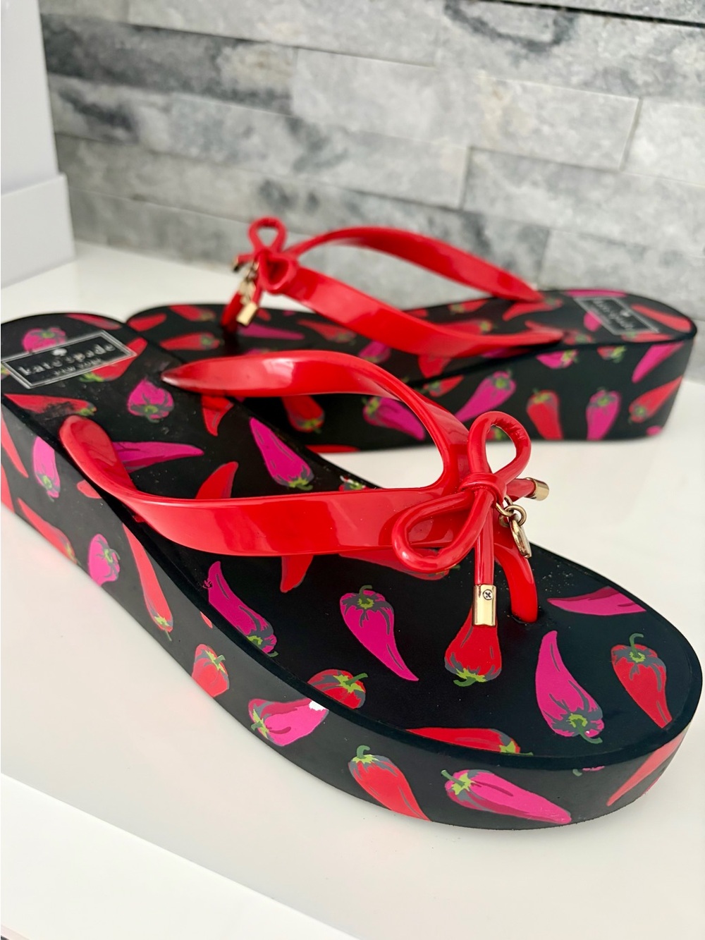 kate spade Black Platform Flip Flop Sandals with Red and Pink Pepper Print - Picture 2 of 10